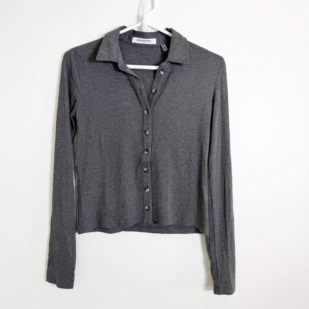 Perfect White Tee Amee Luxe Ribbed Button Up Polo Women Small Grey Long Sleeve